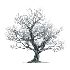 leafless old spooky tree, An old, leafless tree with twisted branches looms in a haunting landscape, creating a spooky and unsettling scene, isolated on transparent background