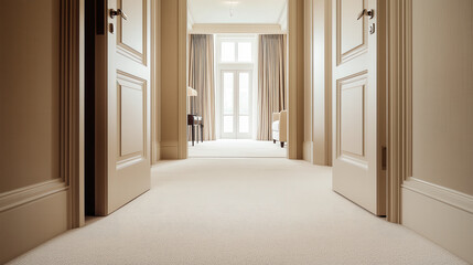 Obraz premium Elegant interior hallway with open doors and soft natural light.