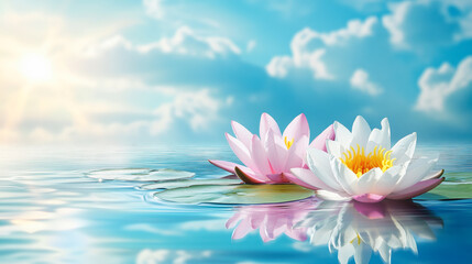 Serene water lilies float on a tranquil pond under a bright, cloudy sky.