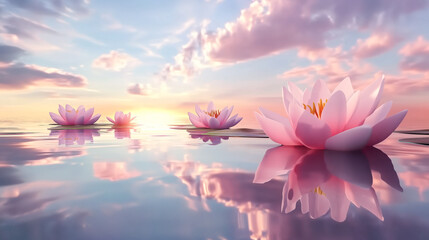 Serene water lilies floating on a reflective lake at sunset.