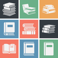 Solid filled icon set featuring an open book bookmark and stack of books for educational and learning contexts presented in a variety of color options
