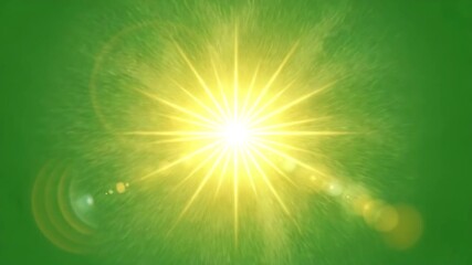 Bright yellow glowing sunburst with radiant light rays and optical lens flare on a green background - Powered by Adobe