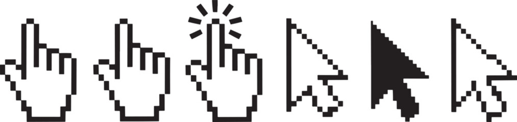 Pixelated computer mouse cursors and hand pointers on white background vector illustration