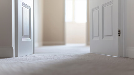 Open white doors leading to a bright, serene room with soft sunlight.