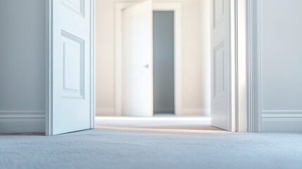 White open doors in a bright, minimalist interior setting.
