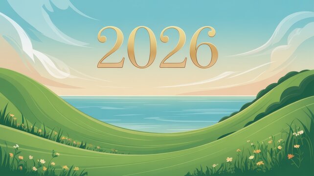 Scenic view of green hills and ocean landscape in new year 2026 concept