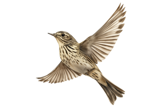 Flying European Rock Pipit Watercolor Bird on Branch Isolated on Transparent Background