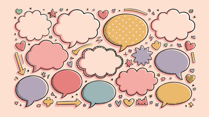 Cute pastel comic speech bubbles and hearts set in doodle style for chat, love message, and playful cartoon graphic design