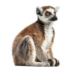 Obraz premium Lemur, A lemur with a bushy tail and bright eyes, resting on a tree limb amidst vibrant green leaves, isolated on transparent background