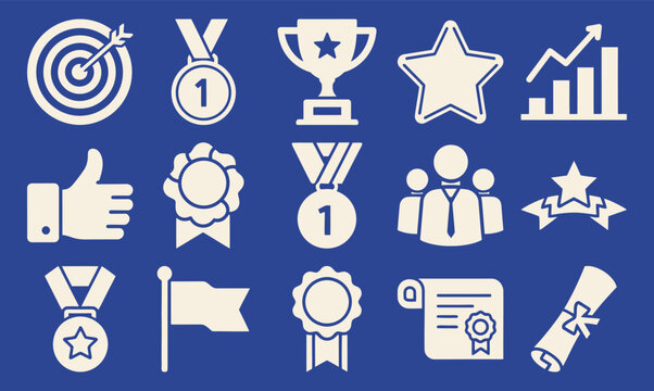 Solid filled icon set representing team success and milestones including trophies medals certificates targets stars growth charts and awards on a blue background for business and corporate use