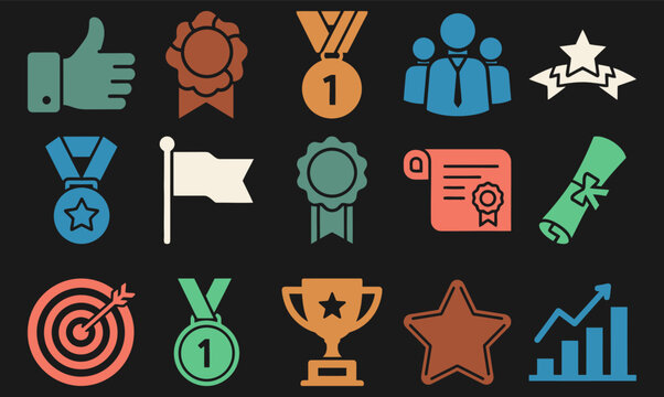 Solid filled icon set representing team achievements including a trophy medal certificate target star and growth chart presented on a black background with vibrant color variations - Powered by Adobe
