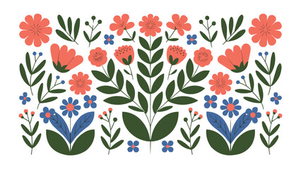 Folk floral ornament with colorful blooming flowers and leaves in Scandinavian style for decorative design, textile, and pattern art