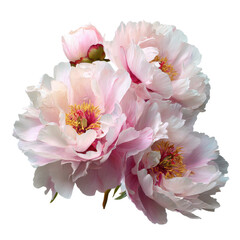 light pink peonies, Light pink peonies arranged artistically, displaying their fluffy blooms and contrasting green leaves in a natural setting, isolated on transparent background