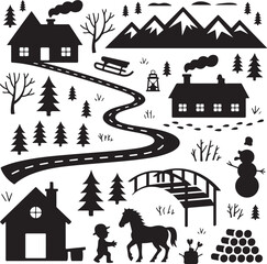 Whimsical winter village vector illustration black and white christmas scene