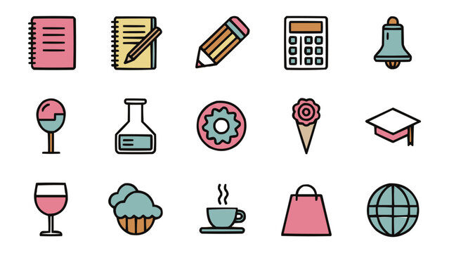 Education and lifestyle icon set featuring school stationery coffee food and travel elements in pastel flat outline style for modern graphic design