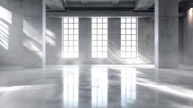 Spacious empty industrial loft interior with concrete walls and floor, bright natural light casting shadows from tall windows.
