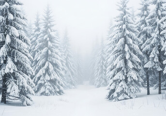A serene winter wonderland path leads through a dense forest of snow covered evergreen trees on a foggy overcast day