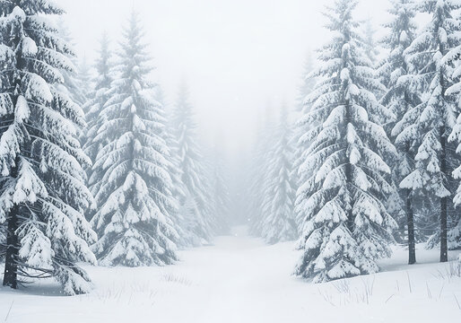 A serene winter wonderland path leads through a dense forest of snow covered evergreen trees on a foggy overcast day