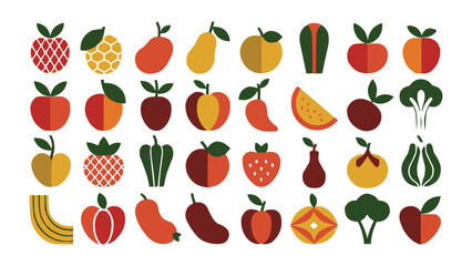 Obraz premium Flat fruit and vegetable icon set modern geometric food collection colorful minimal illustration for healthy lifestyle and design