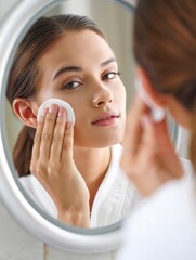 Woman Using Cotton Pad for Skincare Routine in Bathroom Mirror