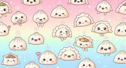 Fototapeta premium Adorable and Expressive Cartoon Dumplings with Cute Facial Features and Playful Personalities in a
