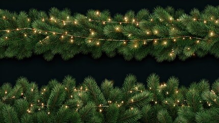 Border with green fir branches, gold lights isolated on transparent background. Pine, Xmas evergreen plants seamless banner. Vector Christmas tree garland decoration