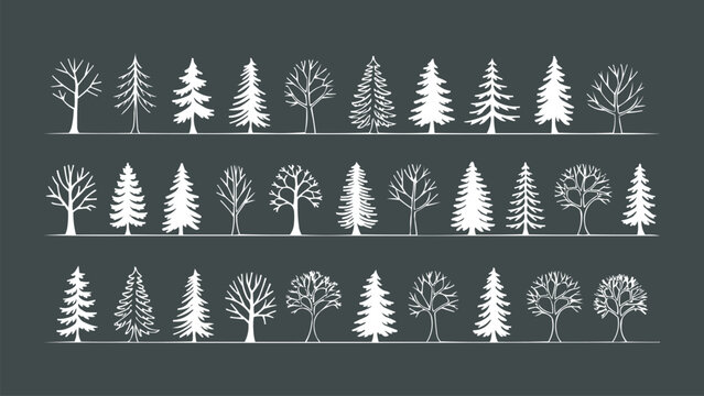 Winter tree silhouette collection with pine and leafless deciduous shapes in white on dark background for landscape and nature vector design