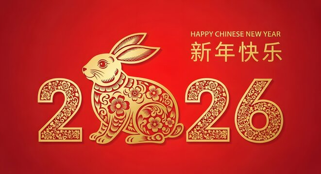 Golden rabbit illustration for chinese new year 2026 on red background