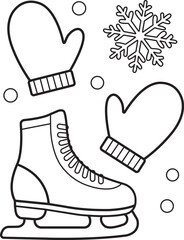 Winter elements coloring page featuring skate mittens and snowflake illustration
