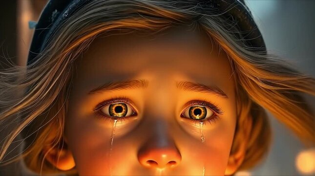 A close-up of a crying girl's eyes. Illustration for Andersen's fairy tale "The Little Match Girl."