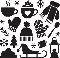 Winter Holiday Black and White Icon Set Seamless Vector Pattern Design