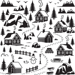 Winter Holiday Pattern with Houses Trees Mountains and Snowman in Black