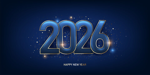 Happy new year 2026 background. Holiday greeting card design. Blue numbers with golden corners and confetti in background.