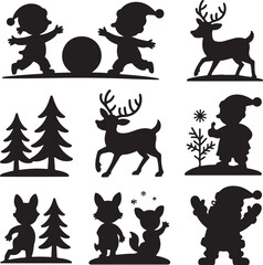 Winter Holiday Silhouettes Children Reindeer Santa Claus and Christmas Trees