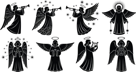 Christmas angel clipart set with trumpets, wings, halos, musical angels, decorative silhouettes, celestial holiday illustrations, spiritual art