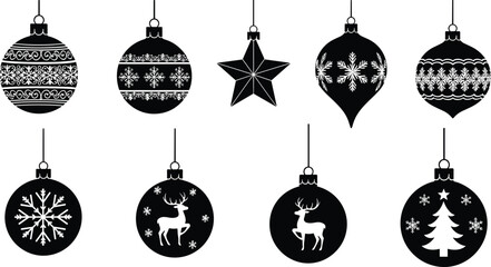 Christmas ornament vector collection featuring baubles, stars, snowflakes, reindeer and tree designs, festive holiday hanging decorations