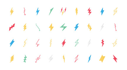 Lightning bolts flat icons set vector illustration. Symbols of electric energy and power, electricity danger with different thunderbolts, simple web signs and arrows of zigzag shape.