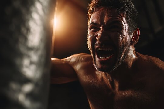Intense boxer training hitting punching bag in gym - Powered by Adobe