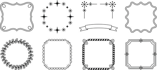 Decorative frame border collection with stars, ribbon banner, floral wreaths, vintage outline shapes, square labels and circle designs