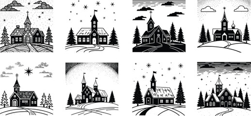 Vintage winter church village vector set featuring snowy landscapes, starry skies, pine trees, holiday scenery and seasonal designs