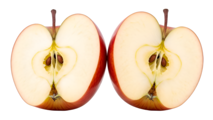 Two Halves of a Red Apple with Seeds on Black Background