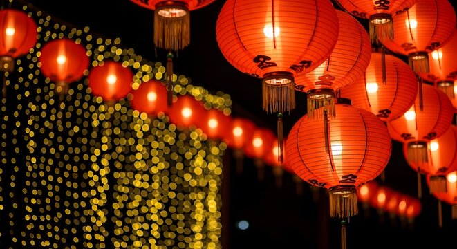 Red chinese lanterns glow in the night during a festive celebration