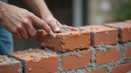 Bricklayer hands placing brick with mortar on construction wall