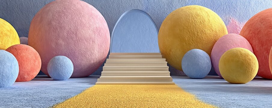Abstract background with colorful spheres, arch doorway, and stairs leading to a yellow path for bold stock imagery