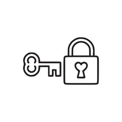 A simple line drawing of a key next to a padlock with a heart shaped keyhole on a white background