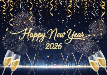 Festive happy new year 2026 celebration with dazzling fireworks, golden confetti, champagne glasses, and city lights