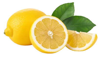 Whole and Sliced Lemons with Green Leaves on Black Background Keywords: lemon, citrus, fruit