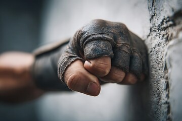 Hand with dirty boxing wraps punching concrete wall