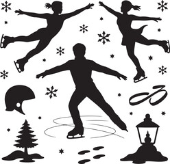 Winter sports ice skating silhouettes with snowflakes and outdoor elements vector