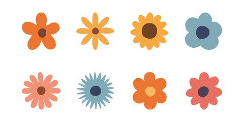 Abstract retro flower icons vector set groovy colorful daisy shape flat design element bundle.